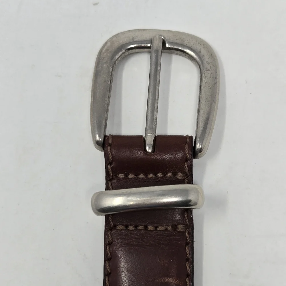 VINTAGE OLD NAVY BROWN ITALIAN LEATHER BELT SILVER BUCKLE END CAP UNISEX MEN 28